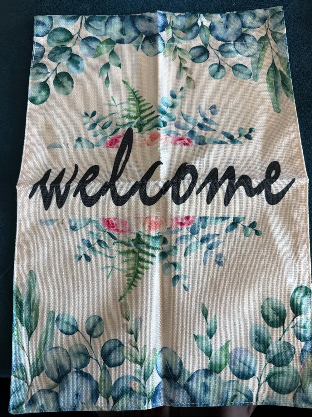 Welcome Floral Linen Garden Accent Flag in Green and Pink